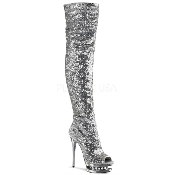Platform Sequins Rhinestone Thigh High Heel Boots